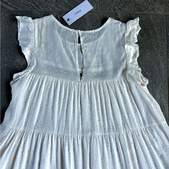 NWT Aakaa White Sleeveless Flutter Swiss Dot Baby doll Mini Sundress w/Pockets S - Picture 8 of 16